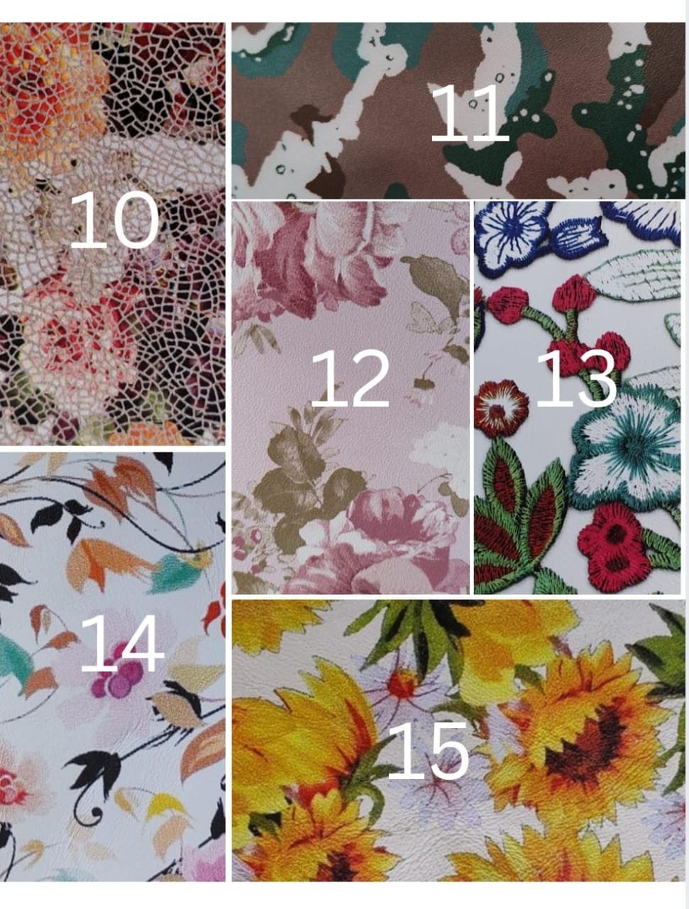 Printed design colour chart, designs 10 to 15
