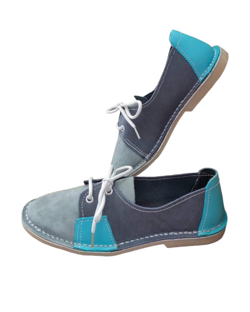 Ladies Leather Patchy Vellies - Charcoal / Grey / Turquoise