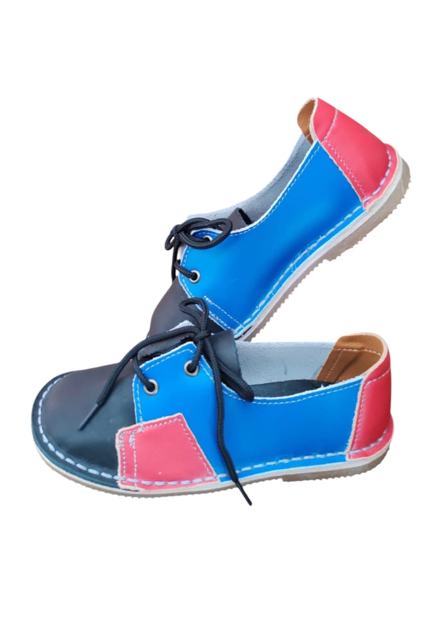 Ladies Leather Patchy Vellies - Navy / Sky Blue / Dark Pink
