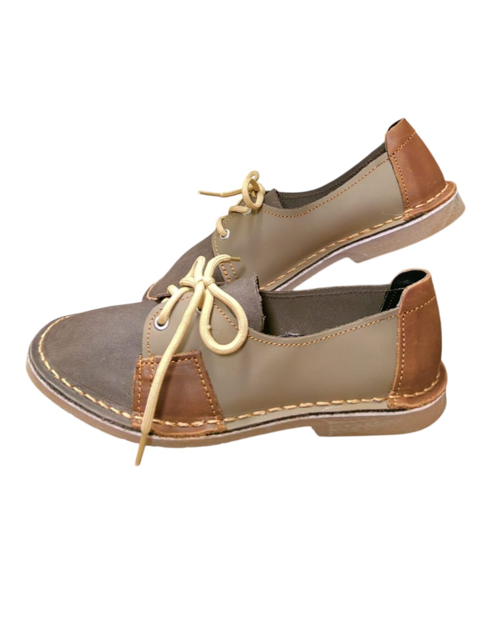Ladies Leather Patchy Vellies - Khaki / Cognac