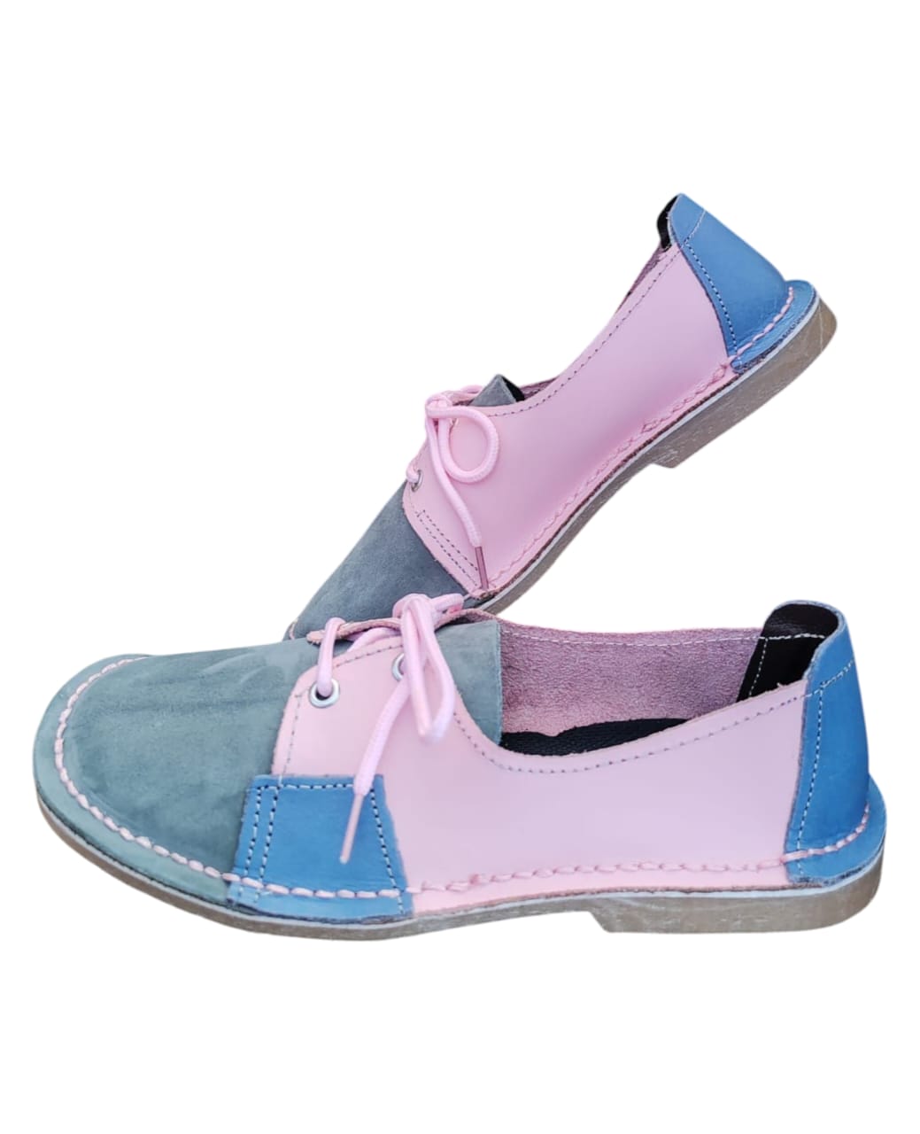 Ladies Leather Patchy Vellies - Baby Pink / Sky Blue