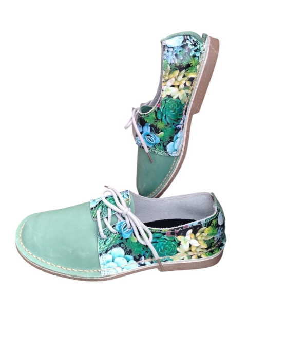 Ladies Leather Printed Side Lace Vellies - LIGHT GREEN WITH SUCCULENT