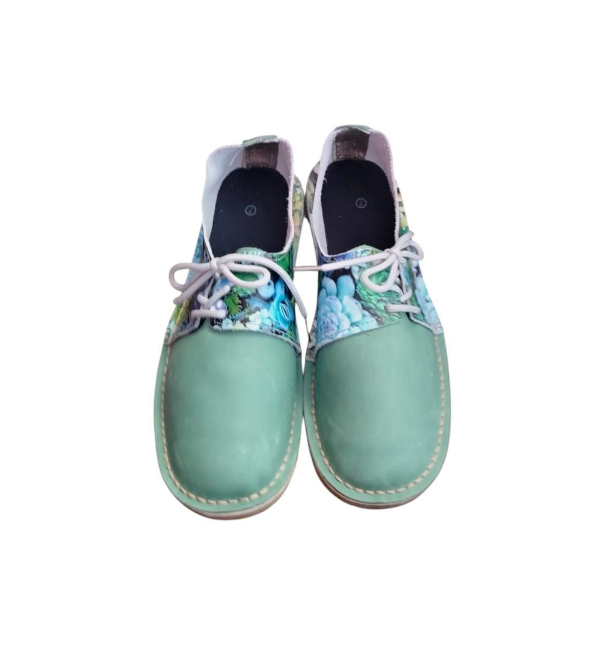 Ladies Leather Printed Side Lace Vellies - LIGHT GREEN WITH SUCCULENT