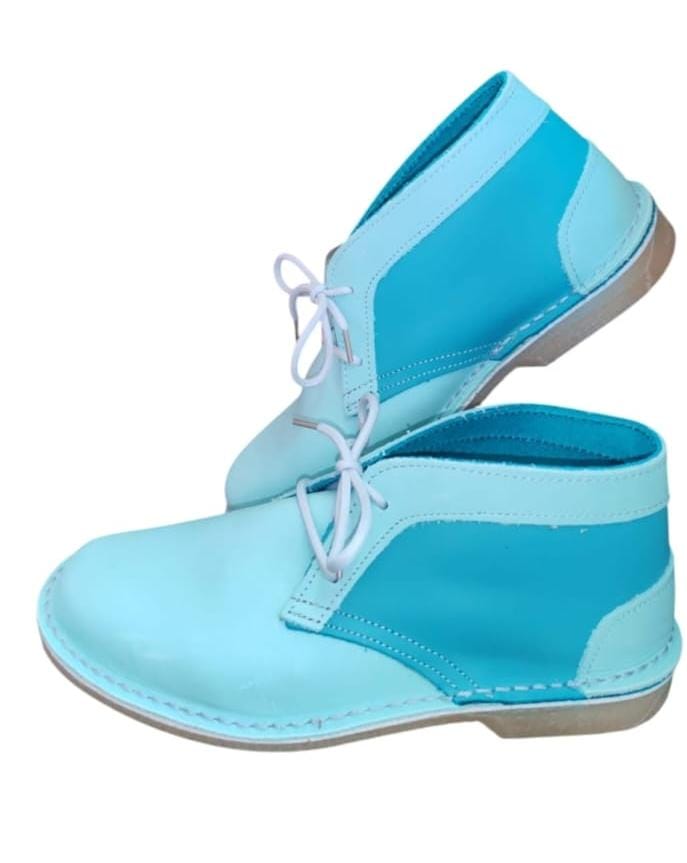 416 Multi Colour Lace Up Vellies in aqua and turquoise on a white background