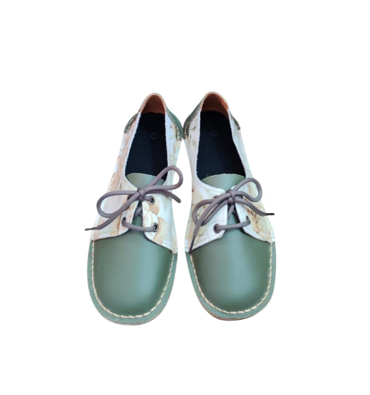 Ladies Leather Printed Two Tone Vellies - Olive / Floral