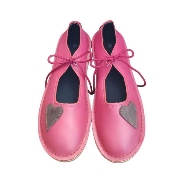 Ladies Leather Hearted Pumps with Laces - Red