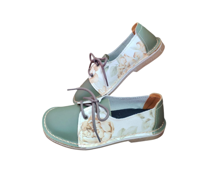 Ladies Leather Printed Two Tone Vellies - Olive / Floral