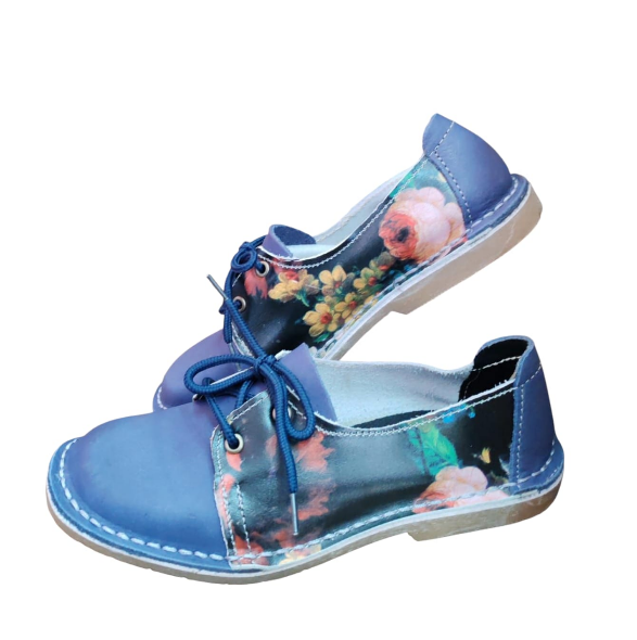 Ladies Leather Printed Two Tone Vellies - Royal Blue / Floral