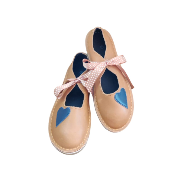 Ladies Leather Hearted Pumps with Laces - Nude / Blue