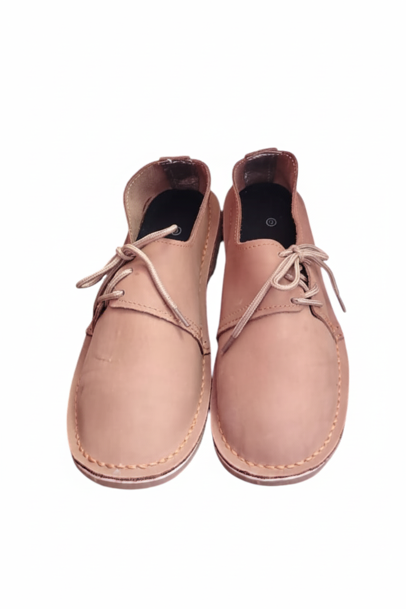 Ladies leather side lace vellies in nubuck tan on a white background, front view