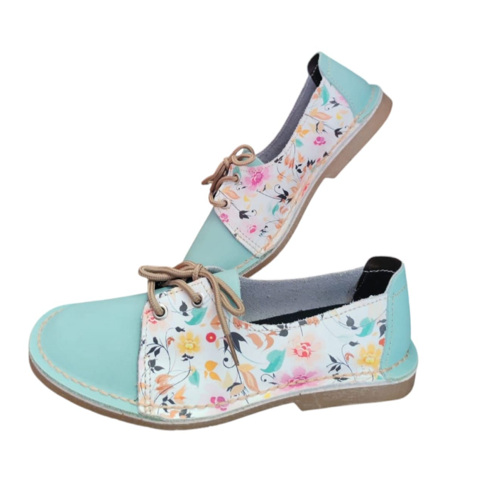 Ladies Leather Printed Two Tone Vellies - Turquoise / Floral