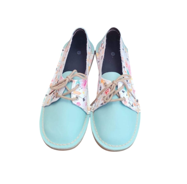 Ladies Leather Printed Two Tone Vellies - Turquoise / Floral