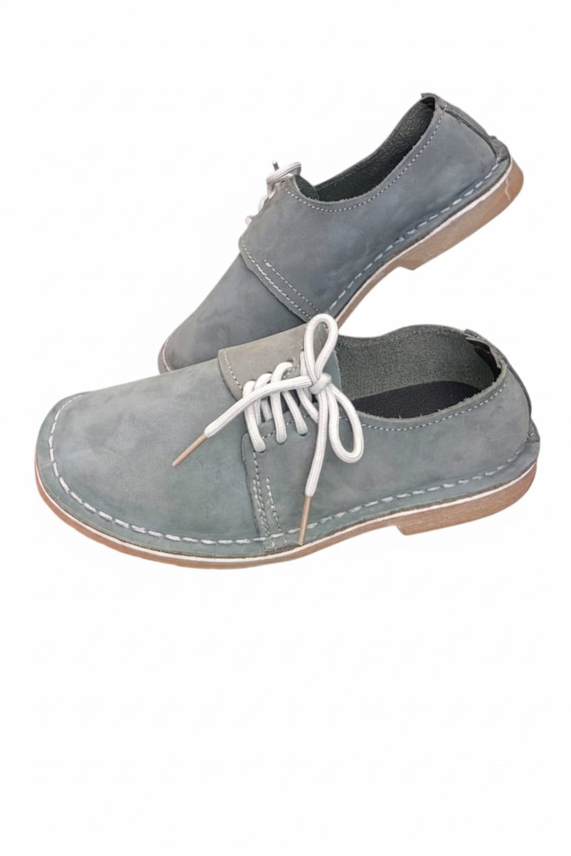 Ladies leather side lace vellies in nubuck grey on a white background